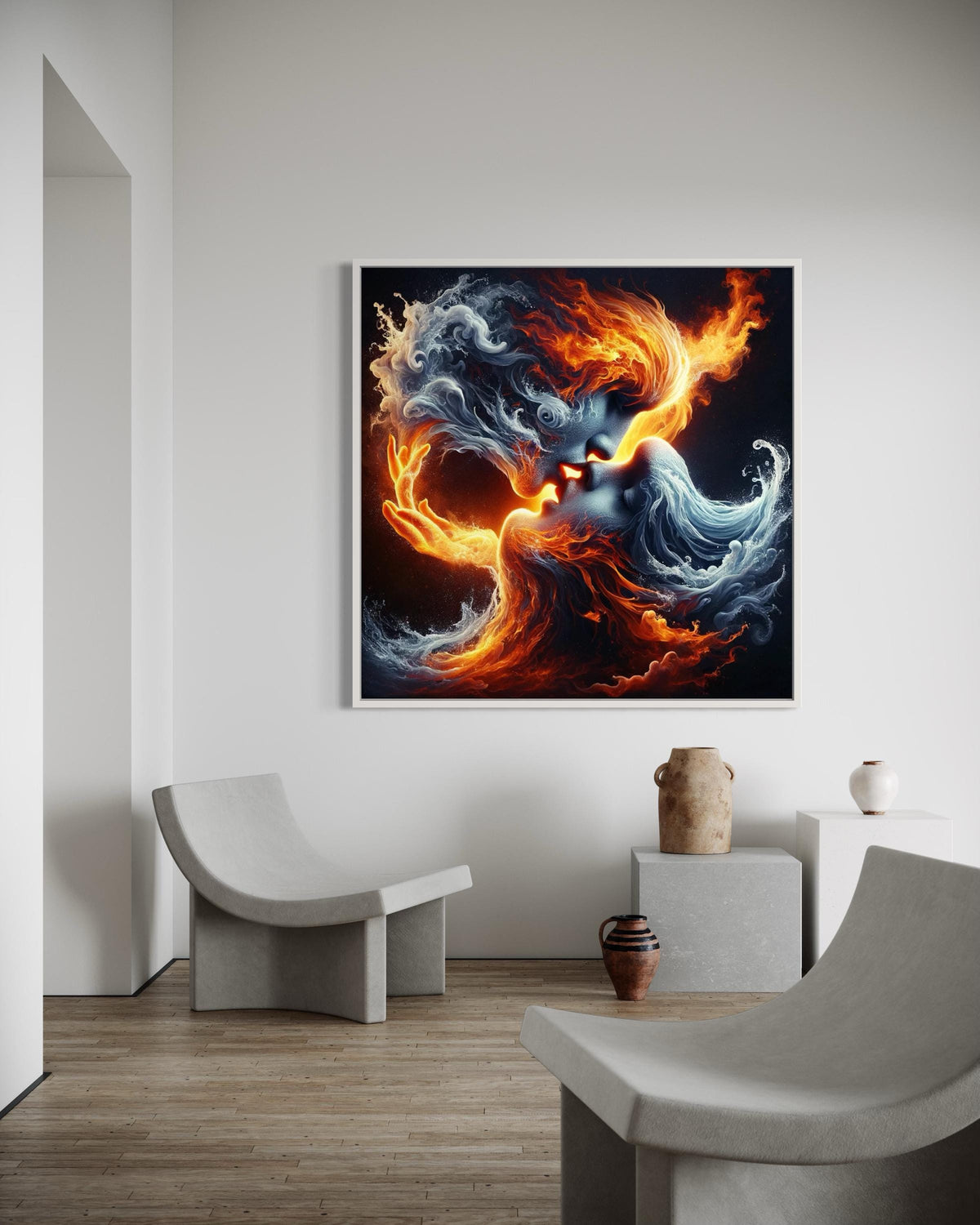 Fiery Passion Kiss Canvas, Fire and Ice Lovers Art, Surreal Romantic Wall Decor, Elemental Love Artwork, Duality of Love Canvas Print