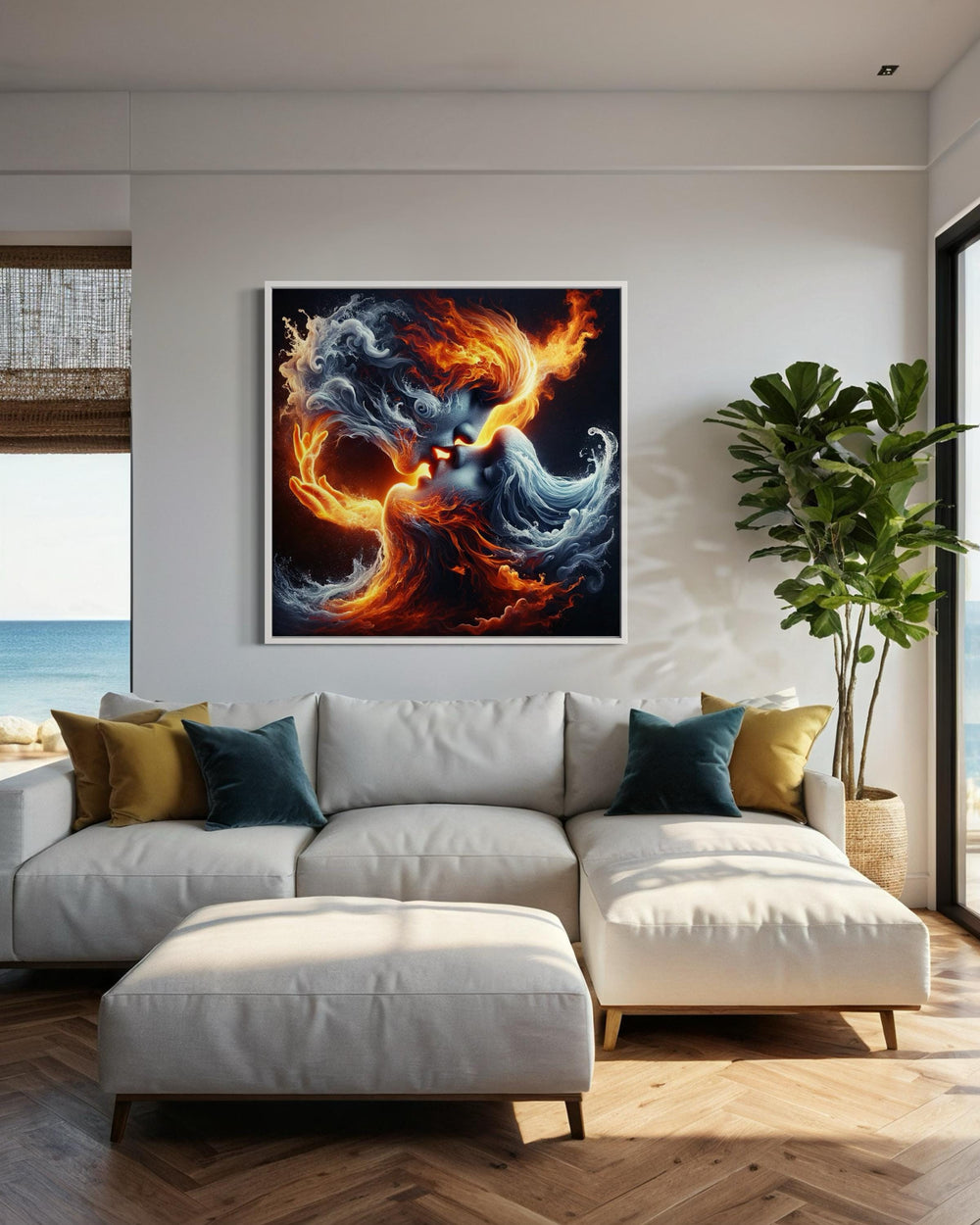 Fiery Passion Kiss Canvas, Fire and Ice Lovers Art, Surreal Romantic Wall Decor, Elemental Love Artwork, Duality of Love Canvas Print