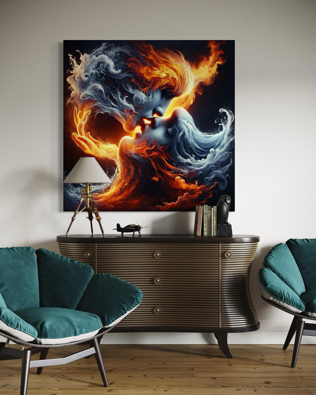 Fiery Passion Kiss Canvas, Fire and Ice Lovers Art, Surreal Romantic Wall Decor, Elemental Love Artwork, Duality of Love Canvas Print