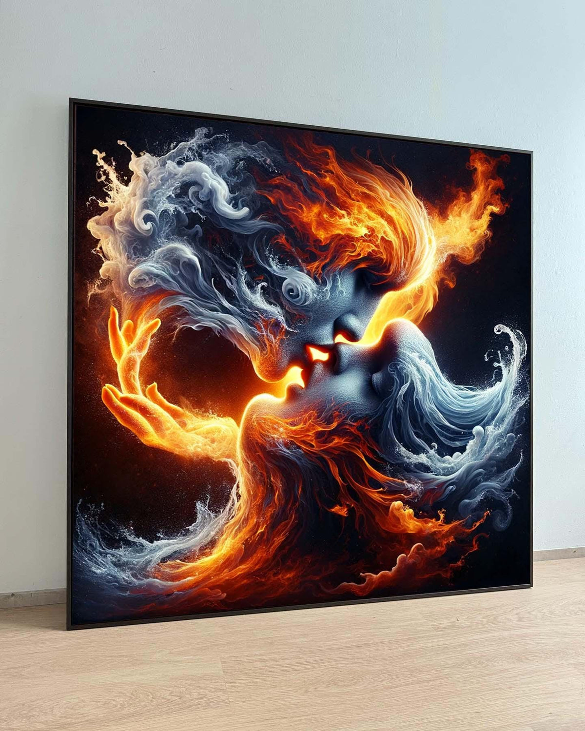 Fiery Passion Kiss Canvas, Fire and Ice Lovers Art, Surreal Romantic Wall Decor, Elemental Love Artwork, Duality of Love Canvas Print
