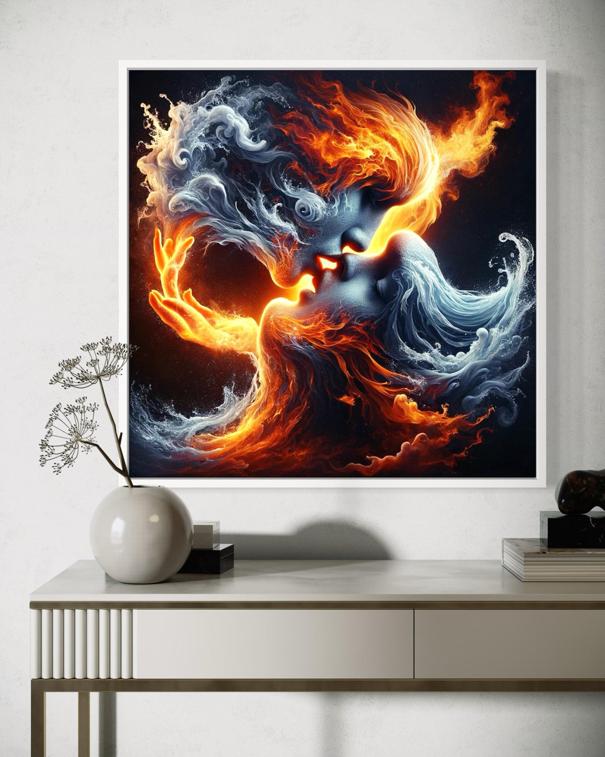 Fiery Passion Kiss Canvas, Fire and Ice Lovers Art, Surreal Romantic Wall Decor, Elemental Love Artwork, Duality of Love Canvas Print
