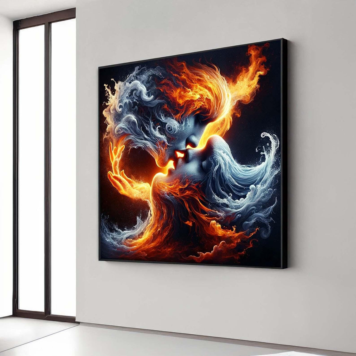 Fiery Passion Kiss Canvas, Fire and Ice Lovers Art, Surreal Romantic Wall Decor, Elemental Love Artwork, Duality of Love Canvas Print