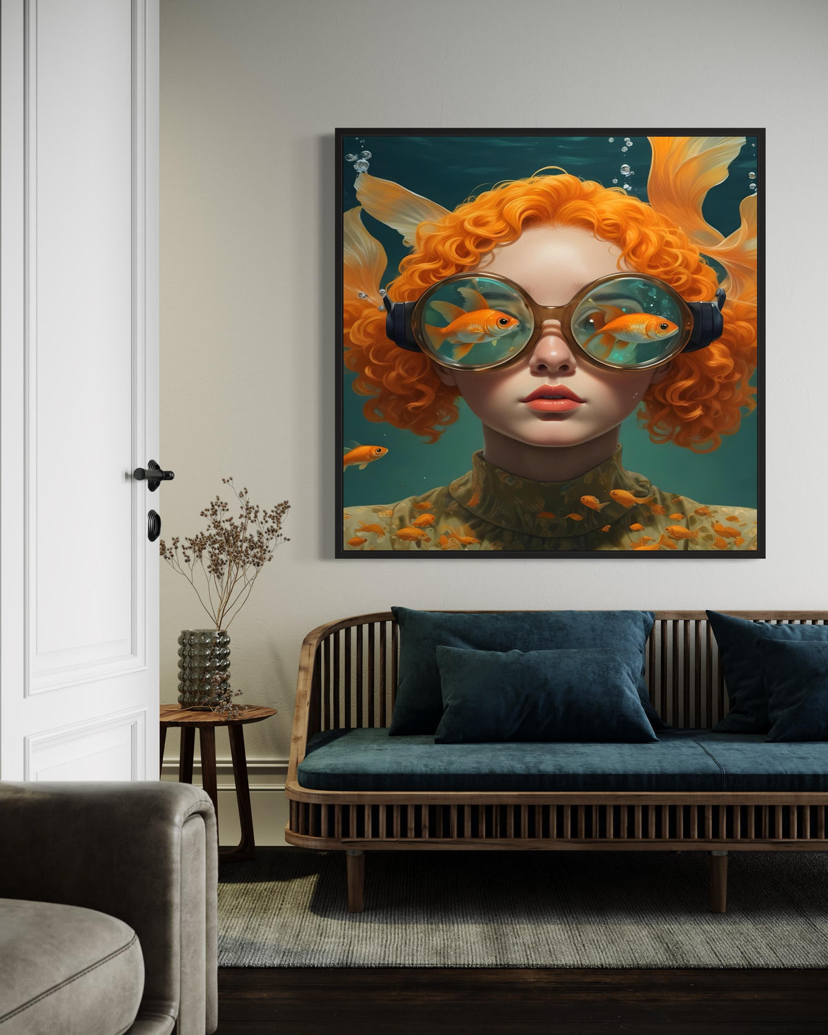 Surreal Woman Art, Surreal Woman with Fish, Oceanic Portrait Canvas, Whimsical Aquatic Wall Art, Animal Art, Ready to Hang Decor