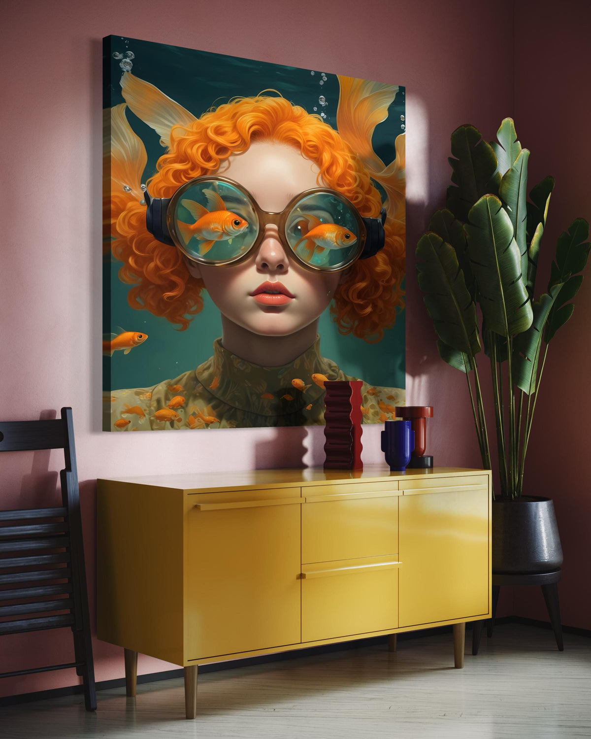 Surreal Woman Art, Surreal Woman with Fish, Oceanic Portrait Canvas, Whimsical Aquatic Wall Art, Animal Art, Ready to Hang Decor