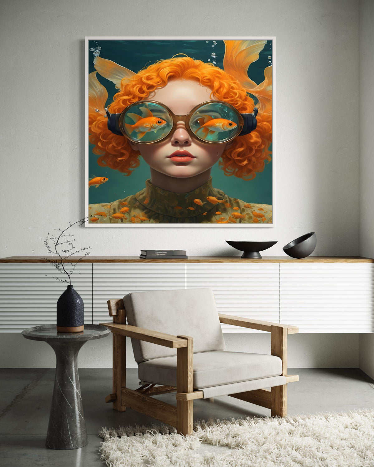 Surreal Woman Art, Surreal Woman with Fish, Oceanic Portrait Canvas, Whimsical Aquatic Wall Art, Animal Art, Ready to Hang Decor