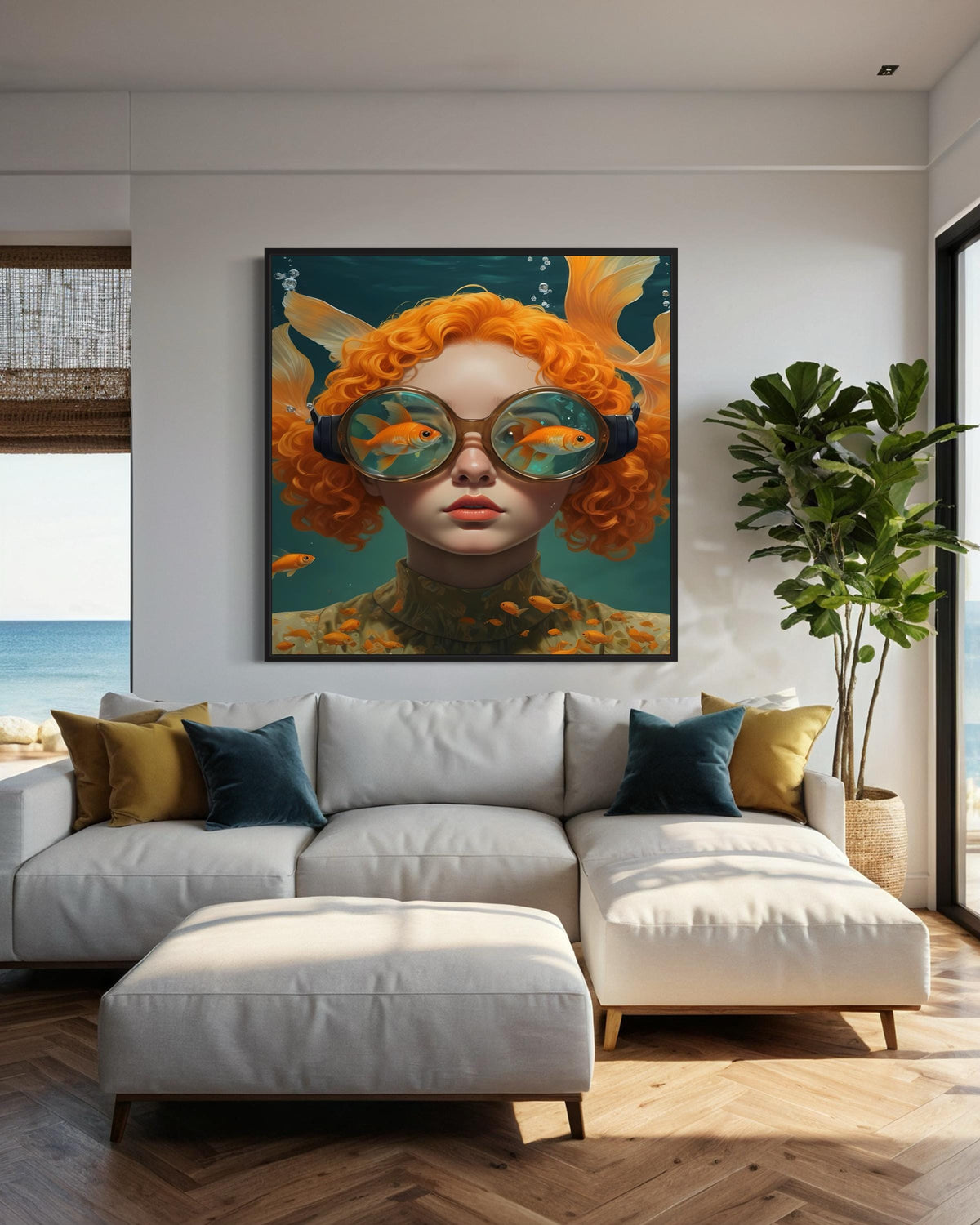 Surreal Woman Art, Surreal Woman with Fish, Oceanic Portrait Canvas, Whimsical Aquatic Wall Art, Animal Art, Ready to Hang Decor
