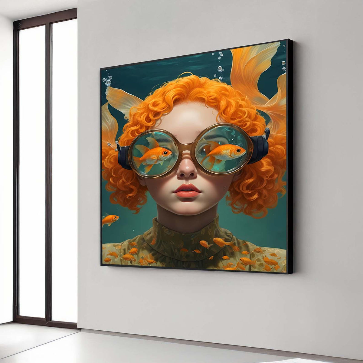 Surreal Woman Art, Surreal Woman with Fish, Oceanic Portrait Canvas, Whimsical Aquatic Wall Art, Animal Art, Ready to Hang Decor