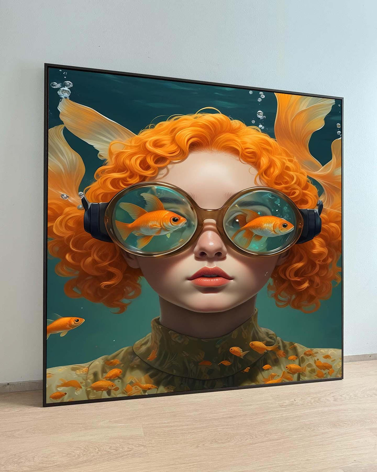 Surreal Woman Art, Surreal Woman with Fish, Oceanic Portrait Canvas, Whimsical Aquatic Wall Art, Animal Art, Ready to Hang Decor
