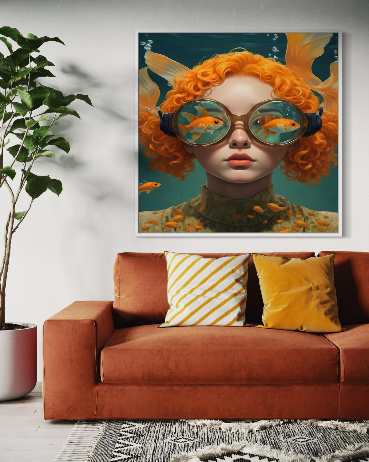 Surreal Woman Art, Surreal Woman with Fish, Oceanic Portrait Canvas, Whimsical Aquatic Wall Art, Animal Art, Ready to Hang Decor