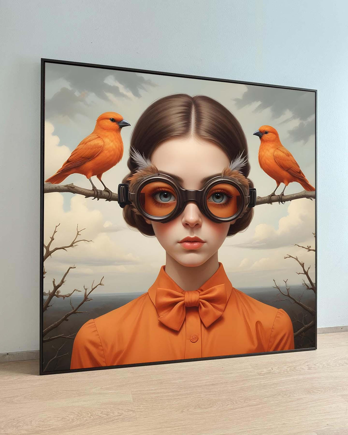 Surreal Woman Portrait, Surreal Redhead with Orange Birds, Victorian Fantasy Canvas, Whimsical Aviary Wall Art, Ready to Hang Decor