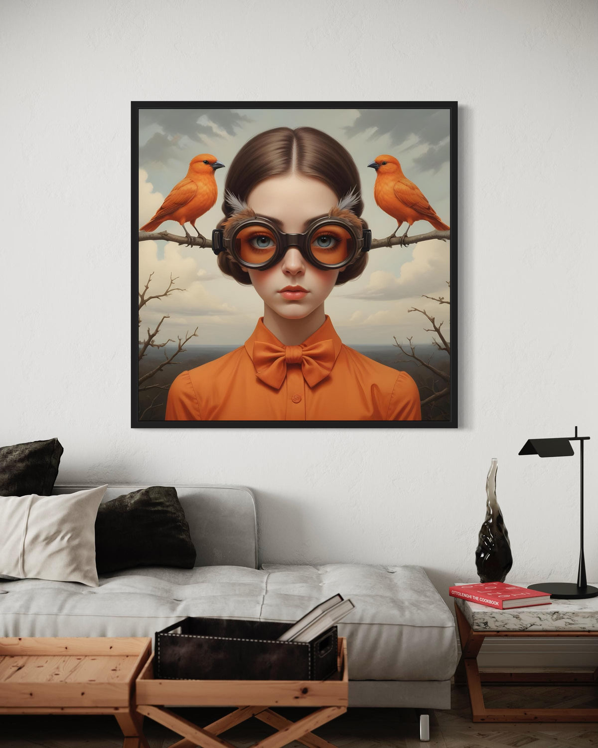 Surreal Woman Portrait, Surreal Redhead with Orange Birds, Victorian Fantasy Canvas, Whimsical Aviary Wall Art, Ready to Hang Decor