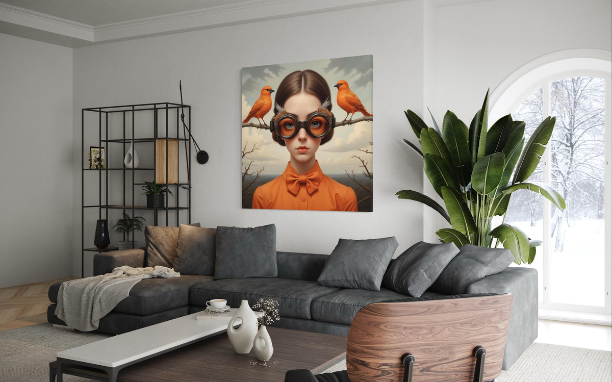 Surreal Woman Portrait, Surreal Redhead with Orange Birds, Victorian Fantasy Canvas, Whimsical Aviary Wall Art, Ready to Hang Decor