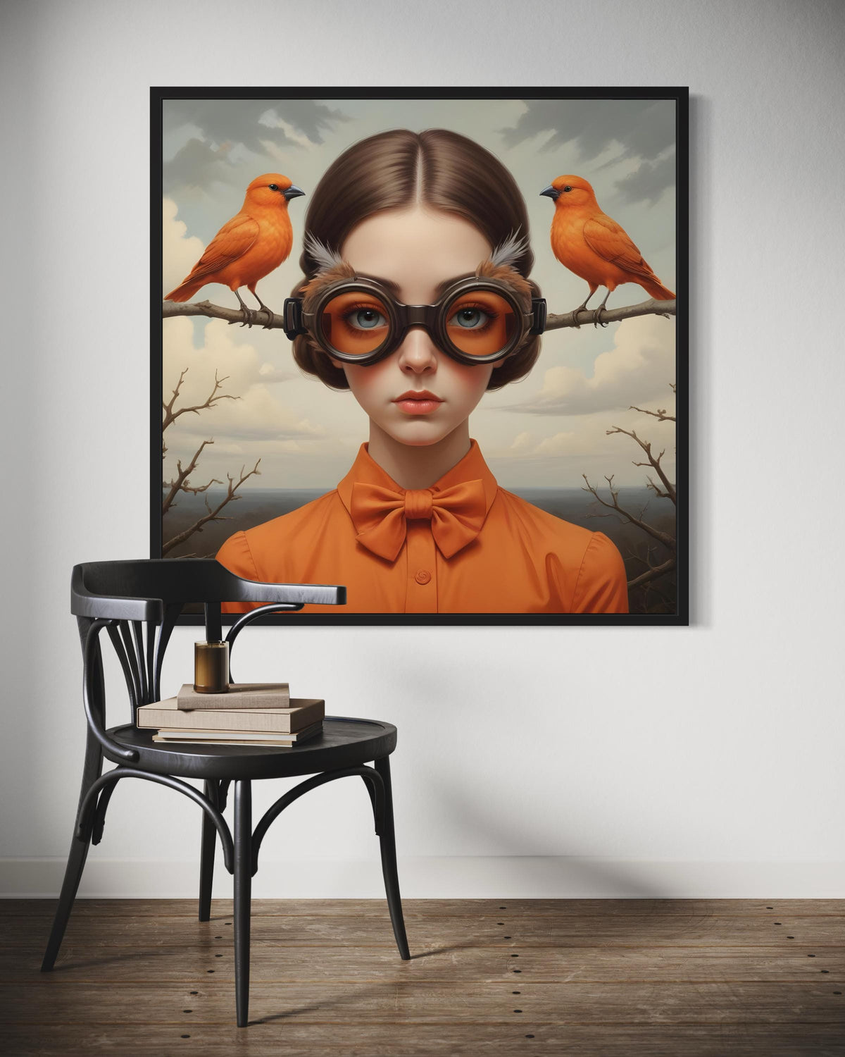 Surreal Woman Portrait, Surreal Redhead with Orange Birds, Victorian Fantasy Canvas, Whimsical Aviary Wall Art, Ready to Hang Decor