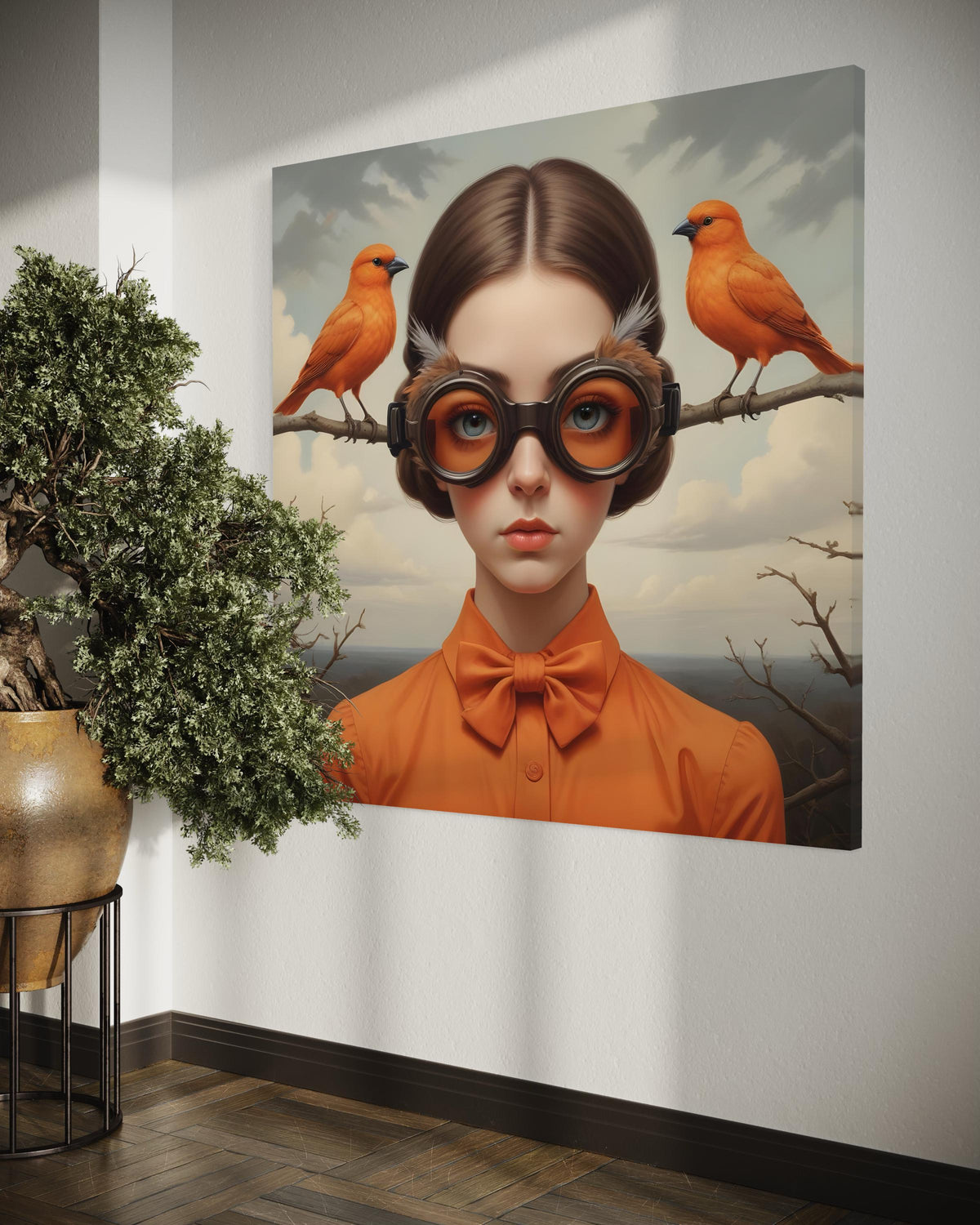 Surreal Woman Portrait, Surreal Redhead with Orange Birds, Victorian Fantasy Canvas, Whimsical Aviary Wall Art, Ready to Hang Decor