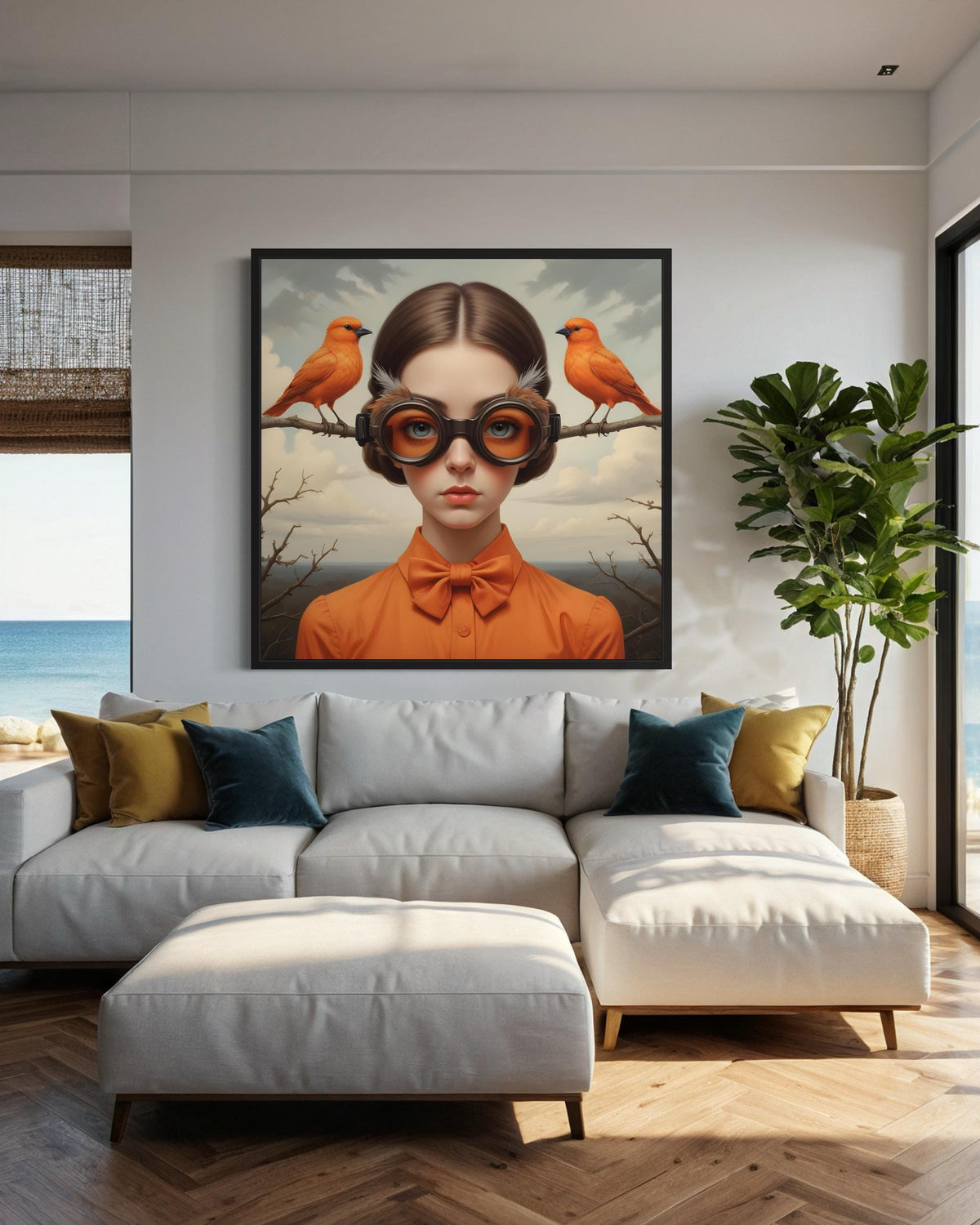 Surreal Woman Portrait, Surreal Redhead with Orange Birds, Victorian Fantasy Canvas, Whimsical Aviary Wall Art, Ready to Hang Decor