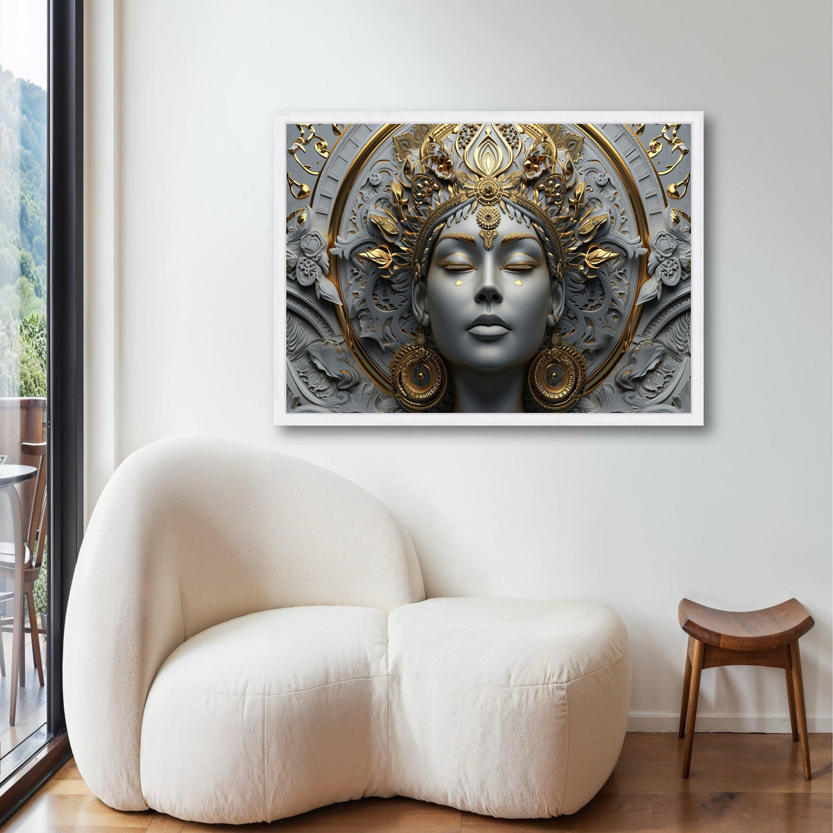 Durga Goddess Canvas Wall Art, 3D Ornate Gold & Grey Spiritual Print, Serene Hindu Deity Decor, Ethnic Meditation Room, Navratri Gift Idea
