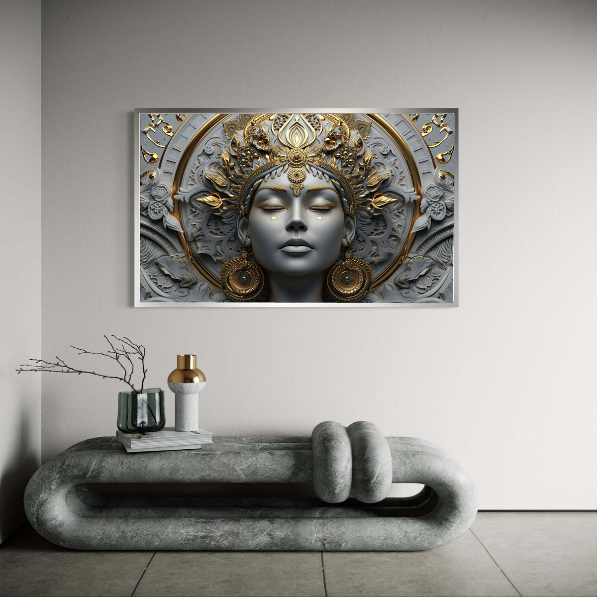 Durga Goddess Canvas Wall Art, 3D Ornate Gold & Grey Spiritual Print, Serene Hindu Deity Decor, Ethnic Meditation Room, Navratri Gift Idea