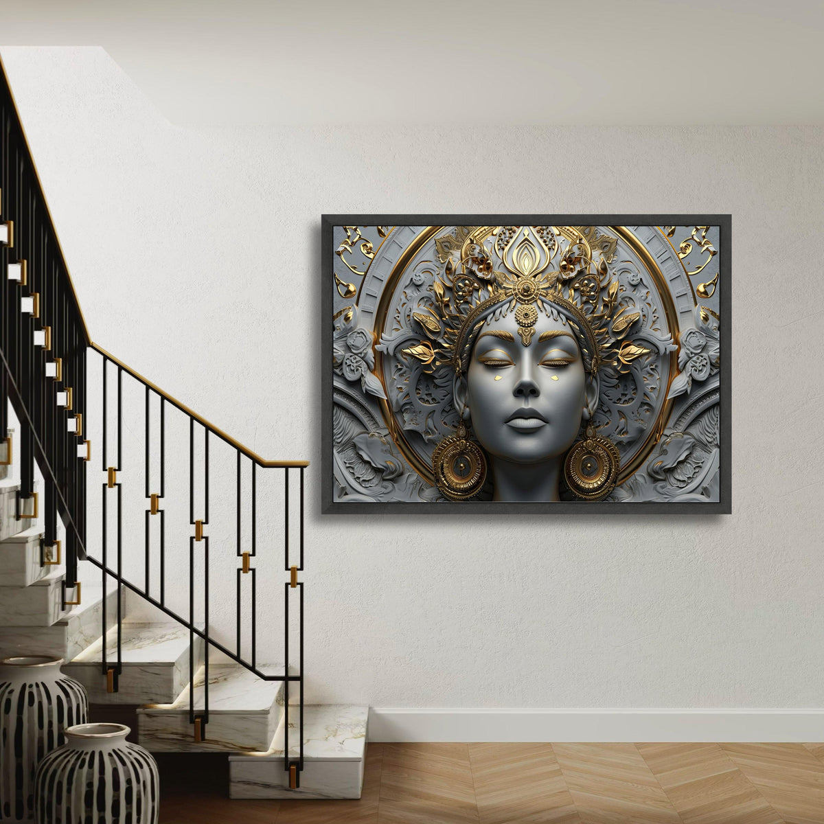 Durga Goddess Canvas Wall Art, 3D Ornate Gold & Grey Spiritual Print, Serene Hindu Deity Decor, Ethnic Meditation Room, Navratri Gift Idea