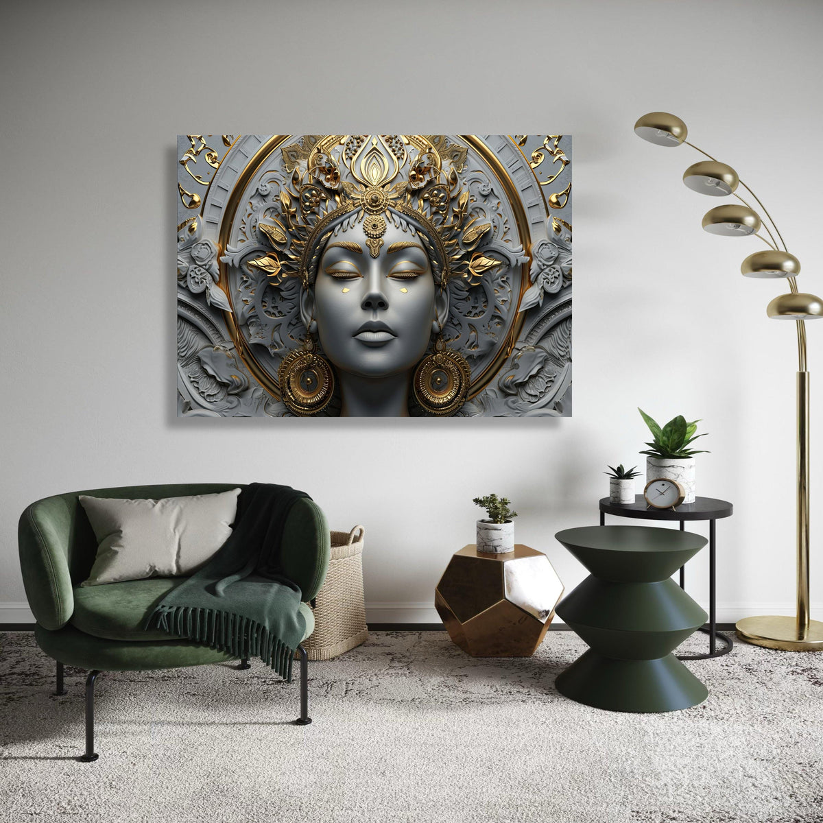 Durga Goddess Canvas Wall Art, 3D Ornate Gold & Grey Spiritual Print, Serene Hindu Deity Decor, Ethnic Meditation Room, Navratri Gift Idea
