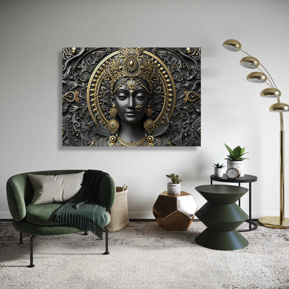 Durga Goddess Canvas, 3D Ornate Black Gold Print, Divine Hindu Deity Wall Art, Ethnic Meditation Decor, Navratri Statement Gift Idea