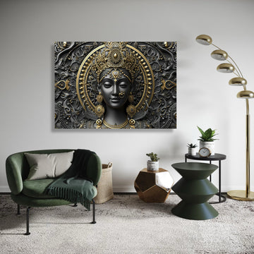 Durga Goddess Canvas, 3D Ornate Black Gold Print, Divine Hindu Deity Wall Art, Ethnic Meditation Decor, Navratri Statement Gift Idea