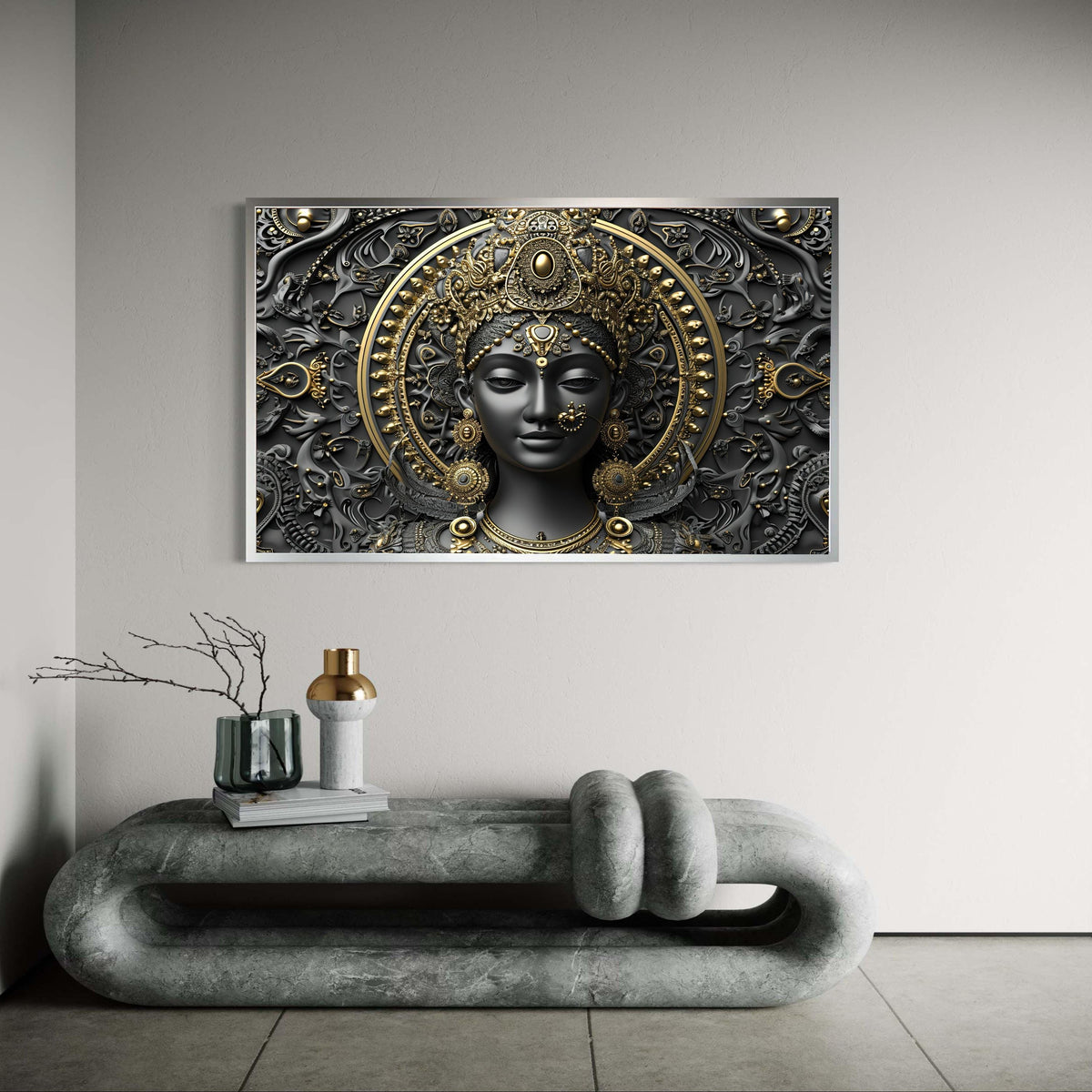 Durga Goddess Canvas, 3D Ornate Black Gold Print, Divine Hindu Deity Wall Art, Ethnic Meditation Decor, Navratri Statement Gift Idea