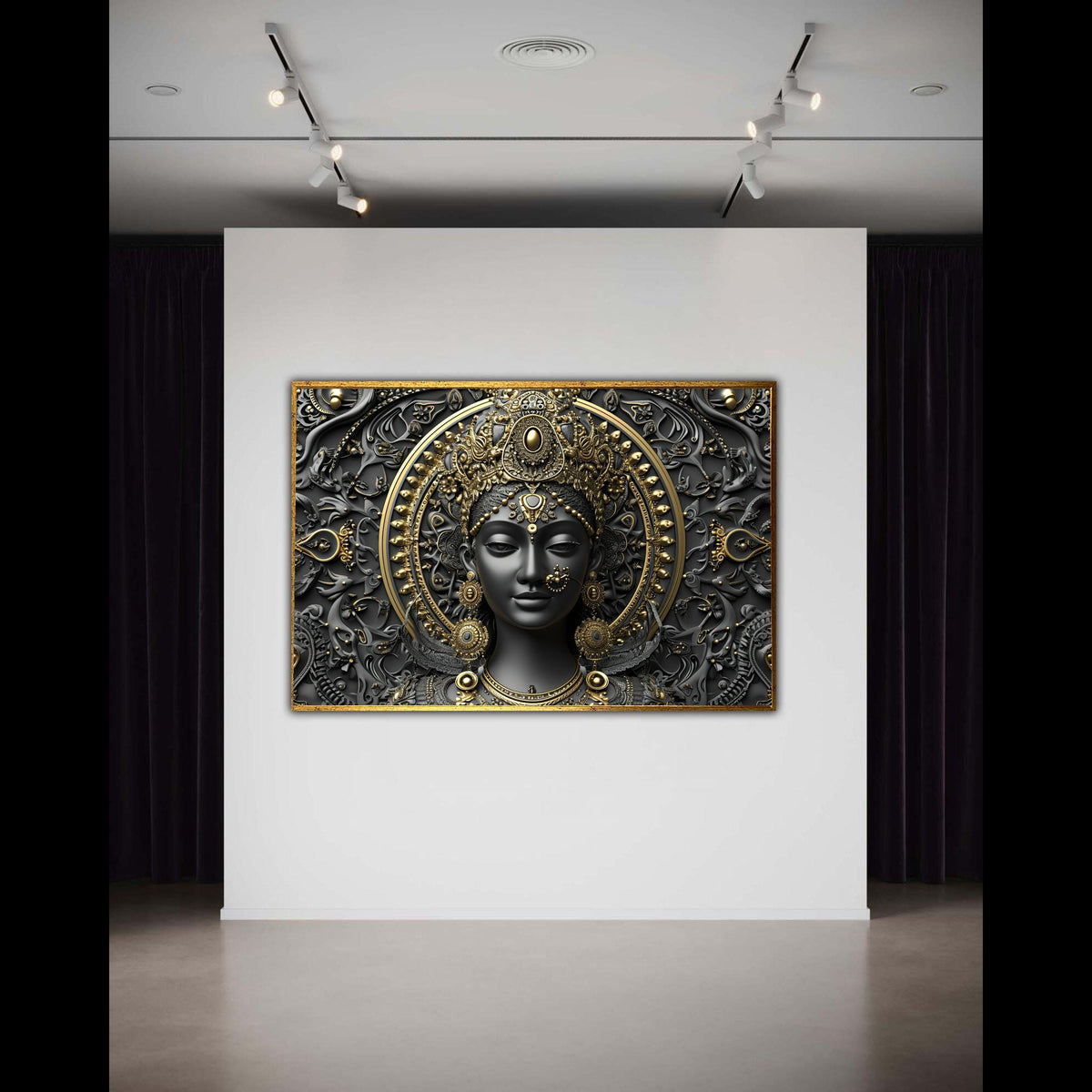 Durga Goddess Canvas, 3D Ornate Black Gold Print, Divine Hindu Deity Wall Art, Ethnic Meditation Decor, Navratri Statement Gift Idea