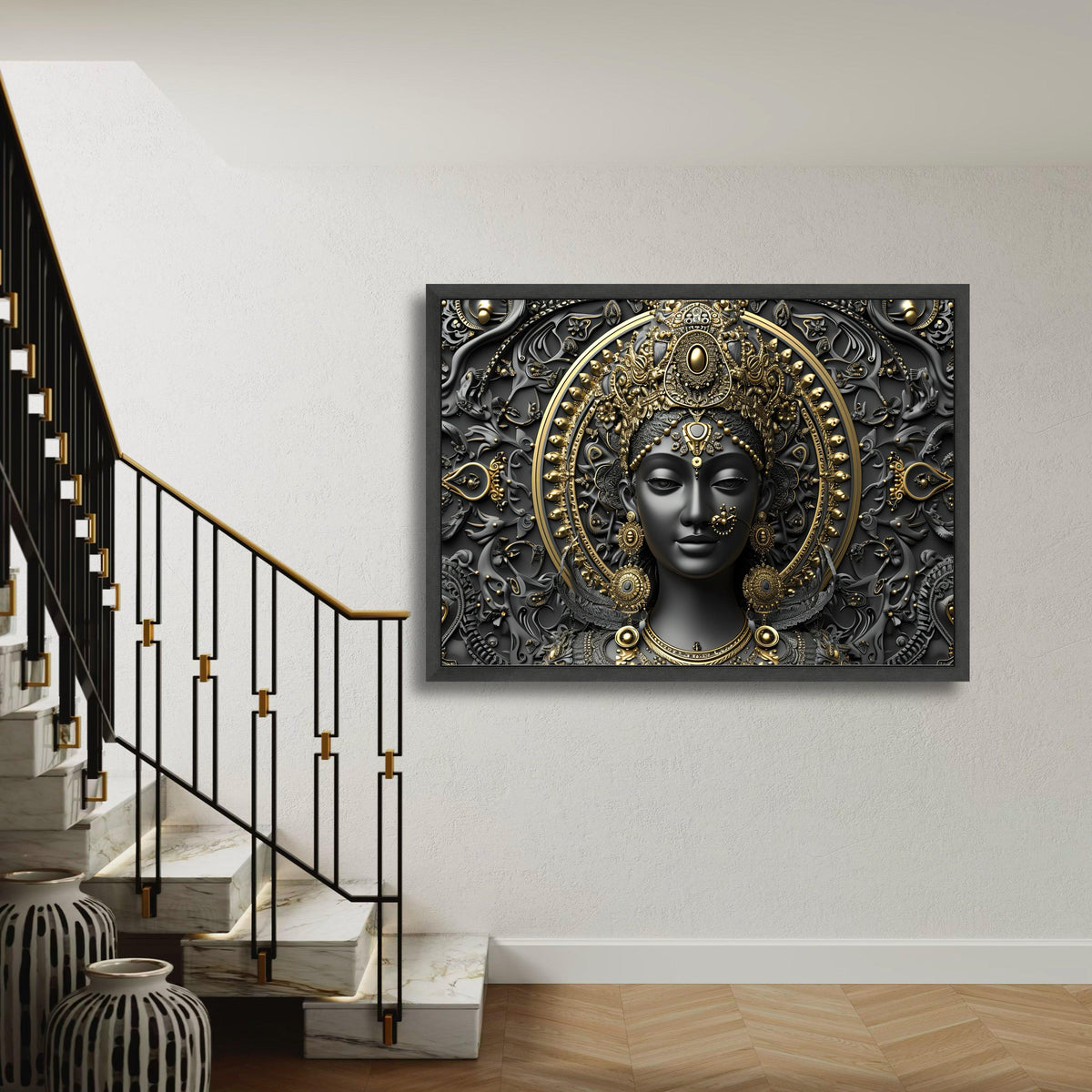Durga Goddess Canvas, 3D Ornate Black Gold Print, Divine Hindu Deity Wall Art, Ethnic Meditation Decor, Navratri Statement Gift Idea