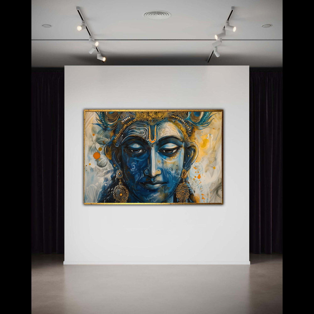 Vibrant Vishnu Canvas, Modern Hindu God Art Print, Blue Gold Painterly Deity Portrait, Indian Mythology Street Style, Spiritual Decor