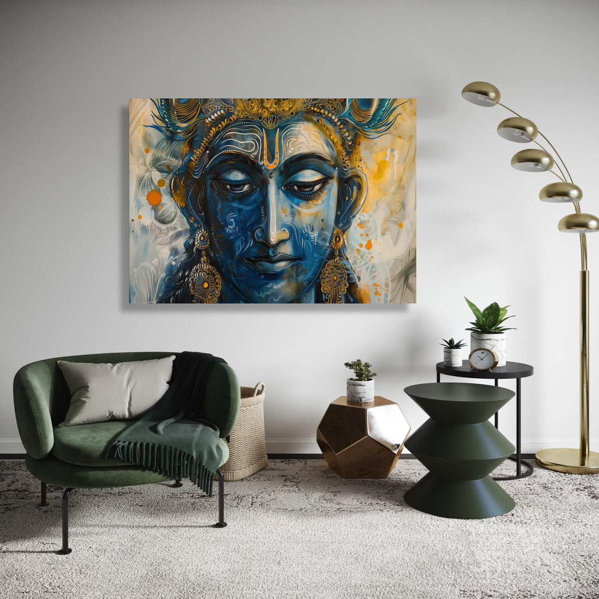 Vibrant Vishnu Canvas, Modern Hindu God Art Print, Blue Gold Painterly Deity Portrait, Indian Mythology Street Style, Spiritual Decor