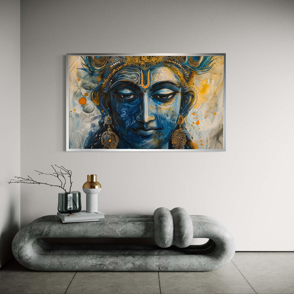Vibrant Vishnu Canvas, Modern Hindu God Art Print, Blue Gold Painterly Deity Portrait, Indian Mythology Street Style, Spiritual Decor