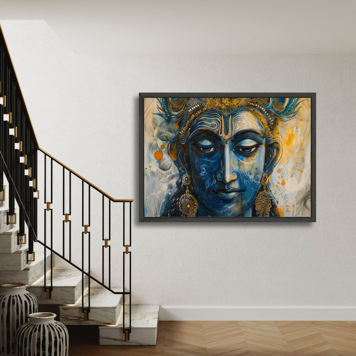 Vibrant Vishnu Canvas, Modern Hindu God Art Print, Blue Gold Painterly Deity Portrait, Indian Mythology Street Style, Spiritual Decor