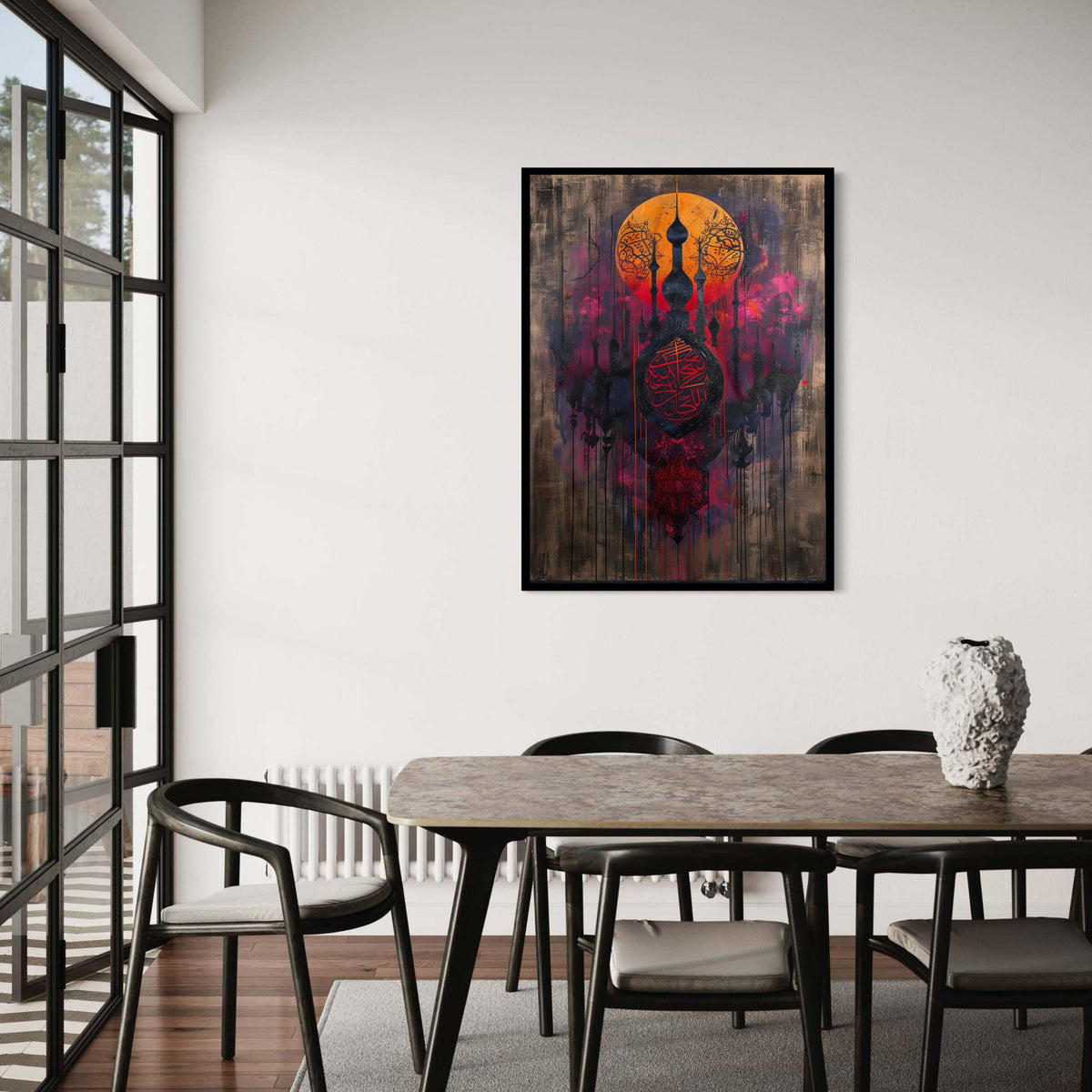 Modern Islamic Canvas Art, Abstract Calligraphy Mosque Print, Eid Spiritual Decor, Arabic Religious Wall Gift, Vibrant Orange Red