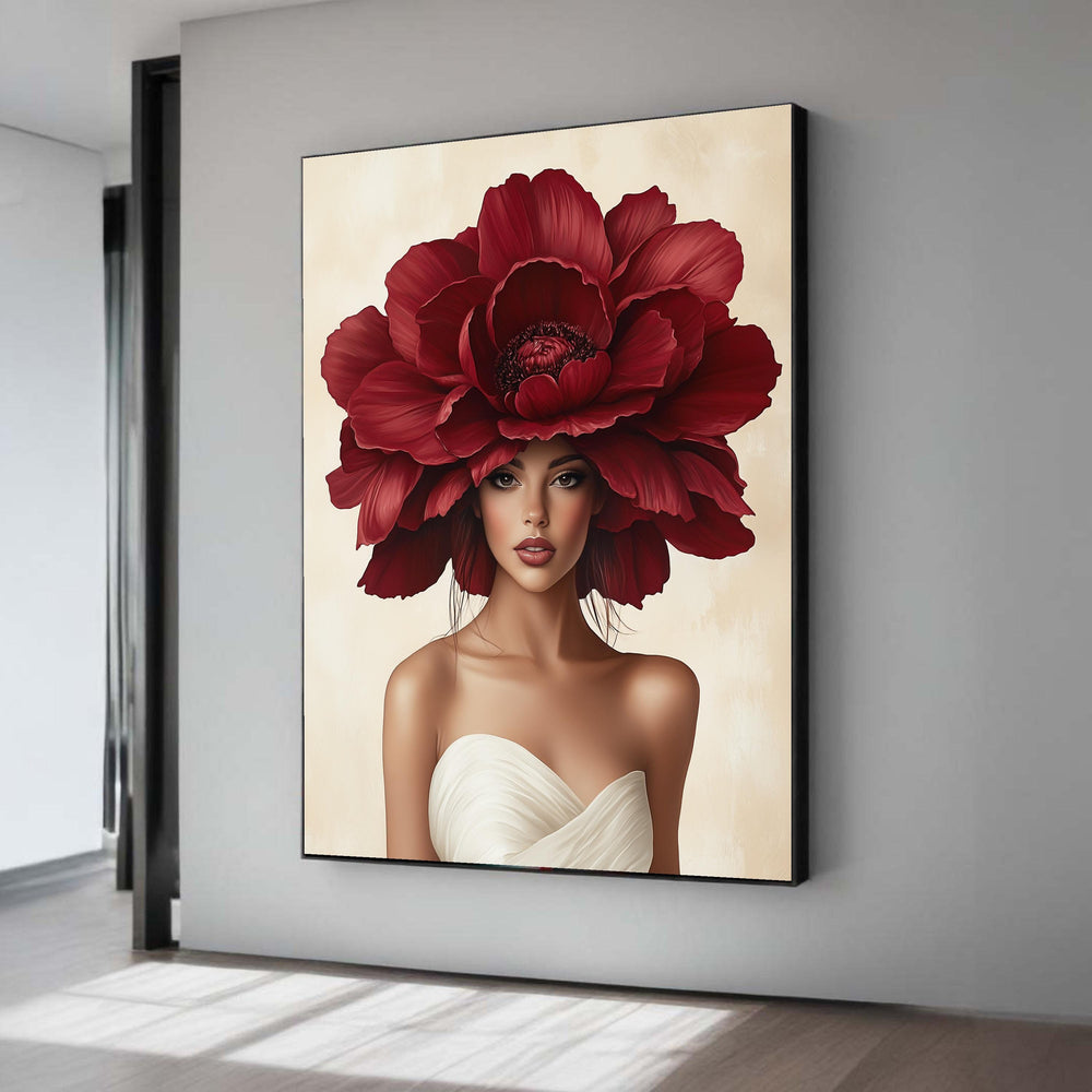 Red Peony Woman Canvas Art, Surreal Floral Head Print, Elegant Fashion Portrait, Modern Glam Wall Decor, Feminine Beauty Statement Gift