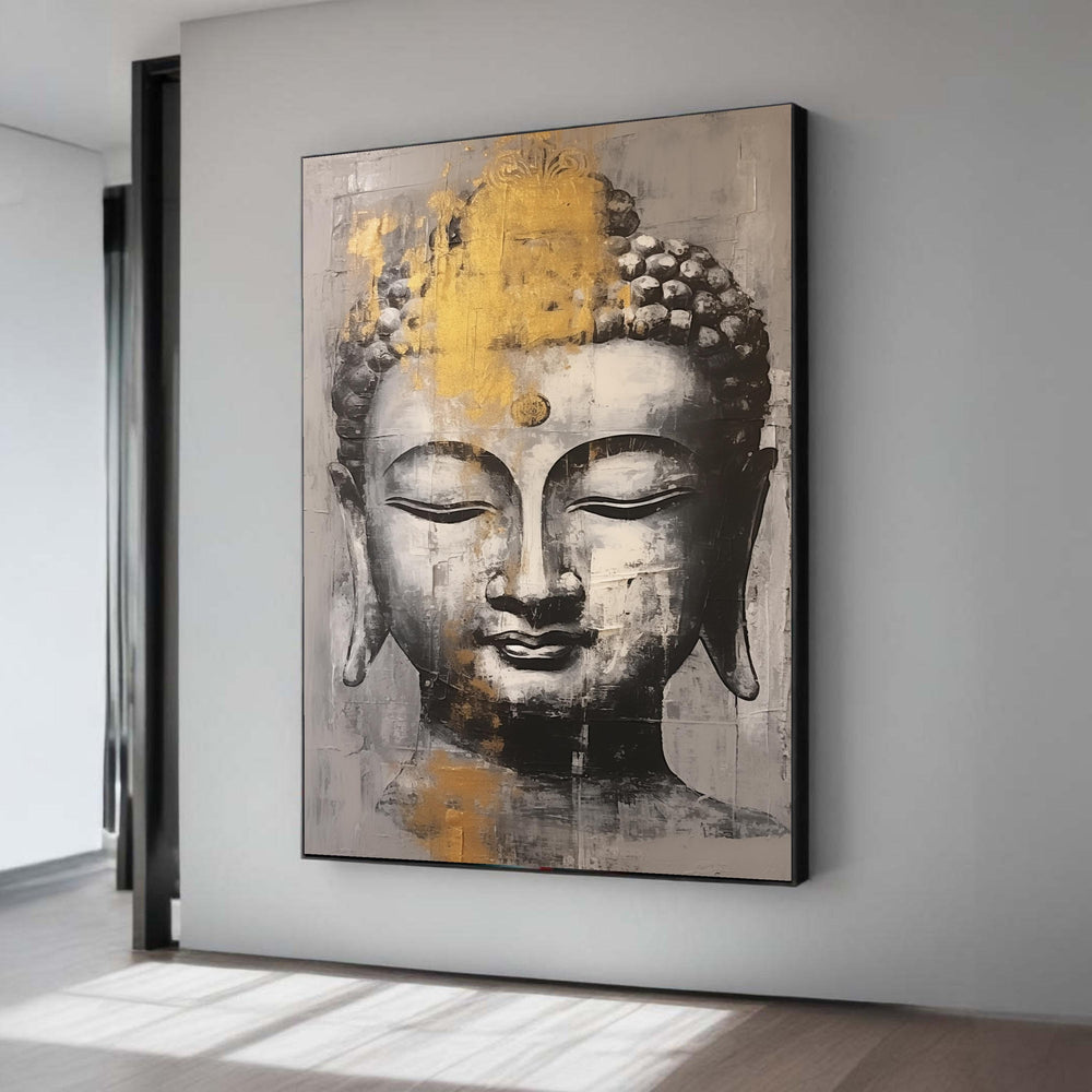 Serene Buddha Gold Art, Abstract Canvas Print, Zen Painting Style Decor, Grey White Impasto Look, Spiritual Meditation Gift