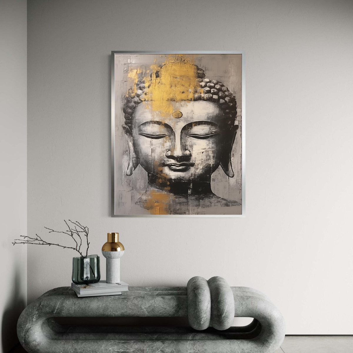 Serene Buddha Gold Art, Abstract Canvas Print, Zen Painting Style Decor, Grey White Impasto Look, Spiritual Meditation Gift