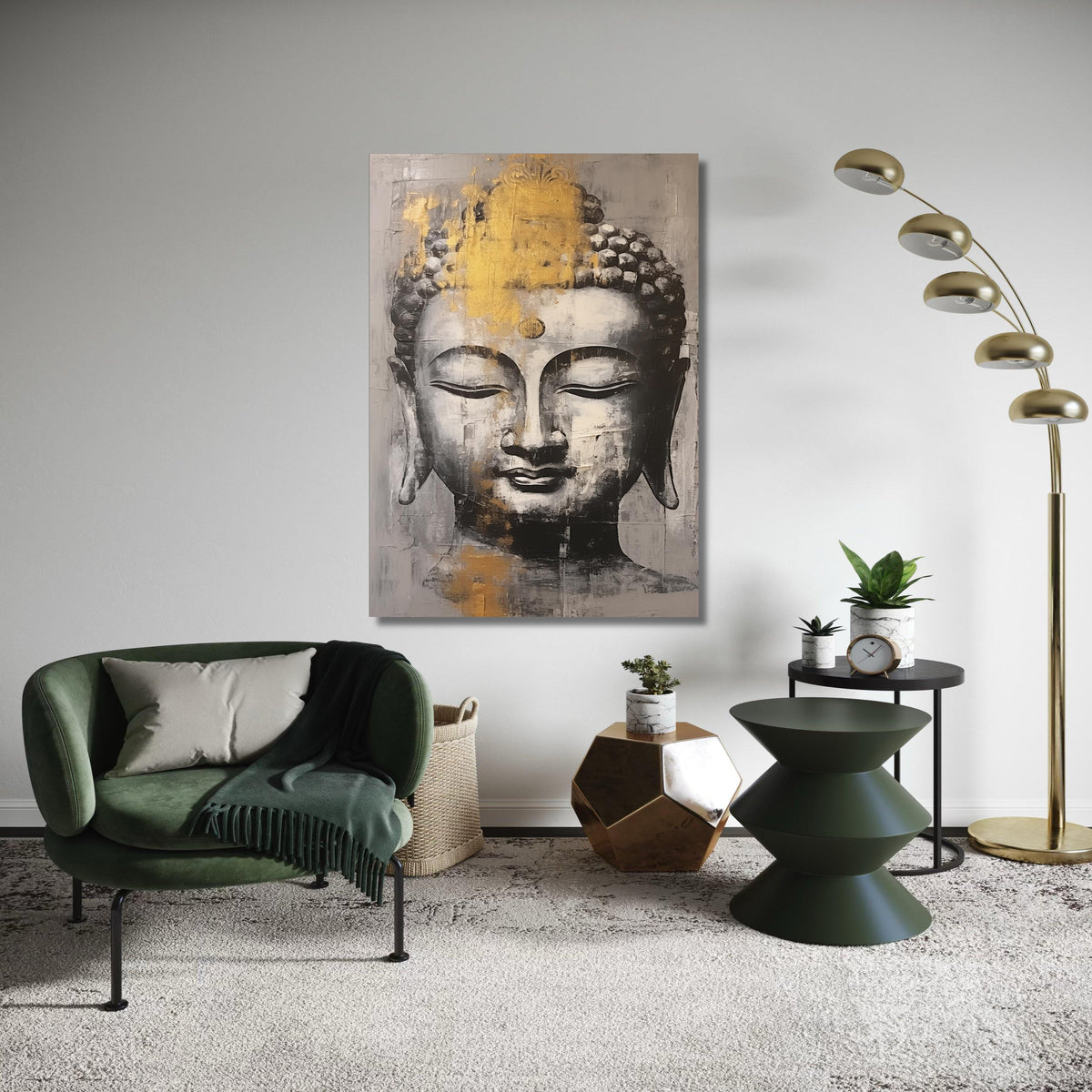 Serene Buddha Gold Art, Abstract Canvas Print, Zen Painting Style Decor, Grey White Impasto Look, Spiritual Meditation Gift