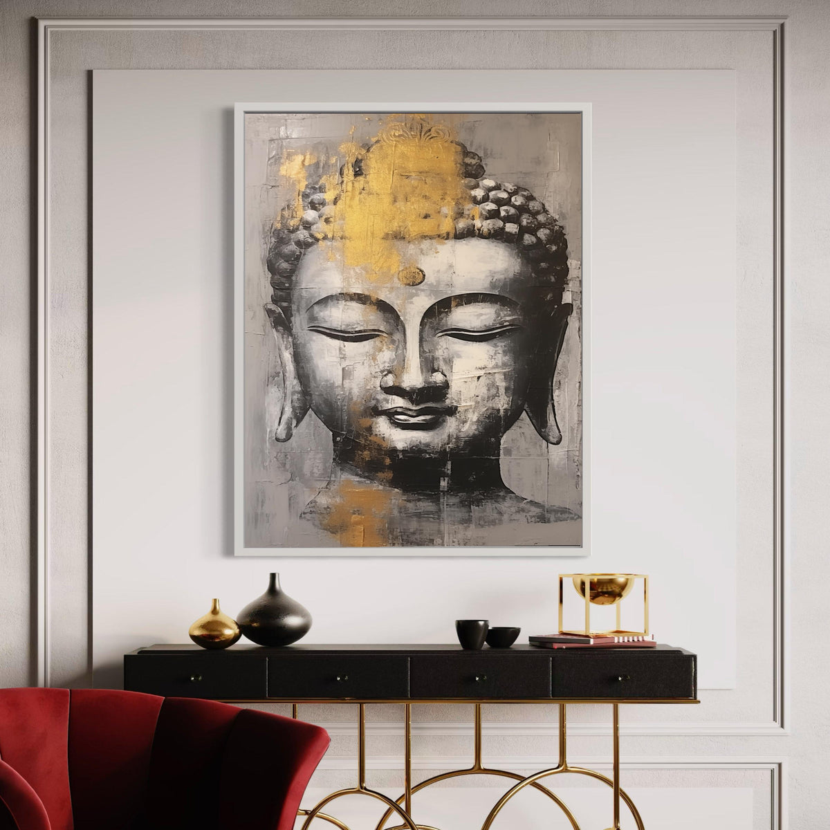 Serene Buddha Gold Art, Abstract Canvas Print, Zen Painting Style Decor, Grey White Impasto Look, Spiritual Meditation Gift