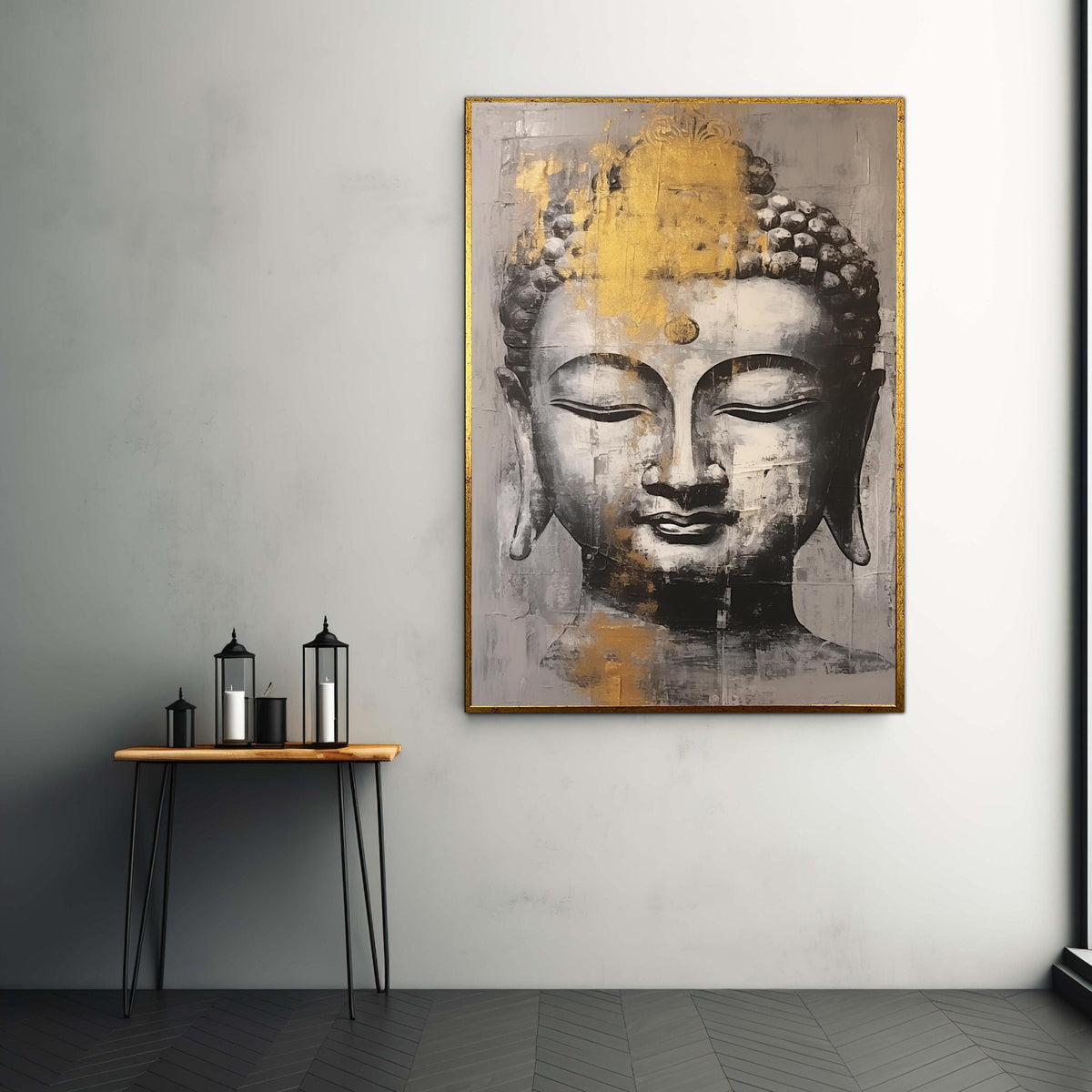 Serene Buddha Gold Art, Abstract Canvas Print, Zen Painting Style Decor, Grey White Impasto Look, Spiritual Meditation Gift
