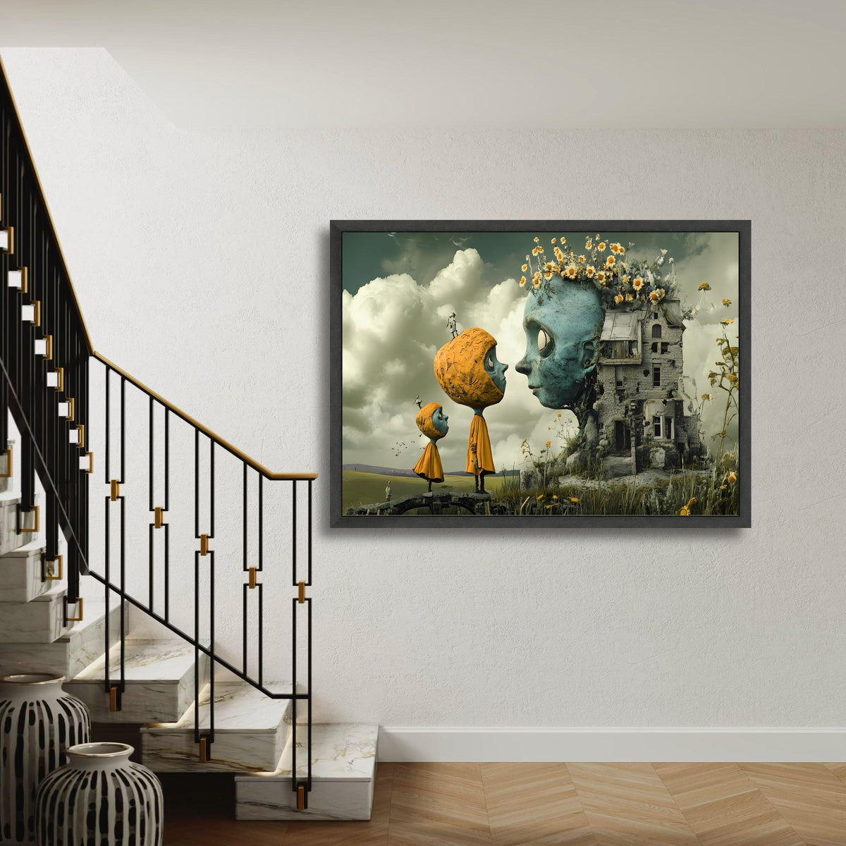Whimsical Surreal Canvas, Giant Head Fantasy Art, Abandoned House Print, Quirky Characters Storybook, Dreamlike Illustration Gift