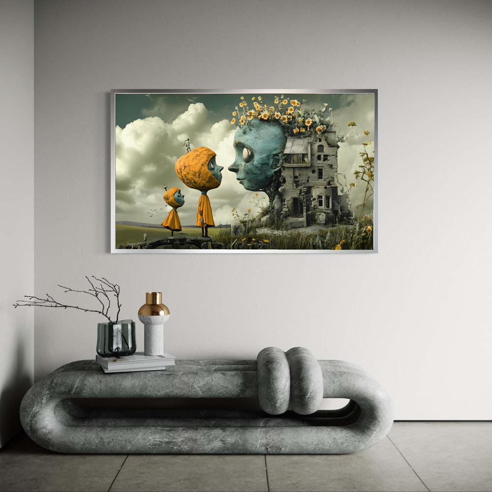 Whimsical Surreal Canvas, Giant Head Fantasy Art, Abandoned House Print, Quirky Characters Storybook, Dreamlike Illustration Gift