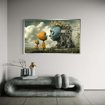 Whimsical Surreal Canvas, Giant Head Fantasy Art, Abandoned House Print, Quirky Characters Storybook, Dreamlike Illustration Gift