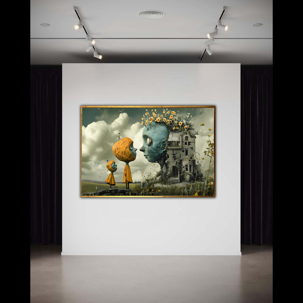 Whimsical Surreal Canvas, Giant Head Fantasy Art, Abandoned House Print, Quirky Characters Storybook, Dreamlike Illustration Gift