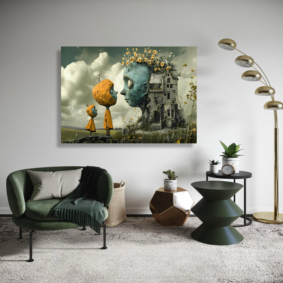 Whimsical Surreal Canvas, Giant Head Fantasy Art, Abandoned House Print, Quirky Characters Storybook, Dreamlike Illustration Gift