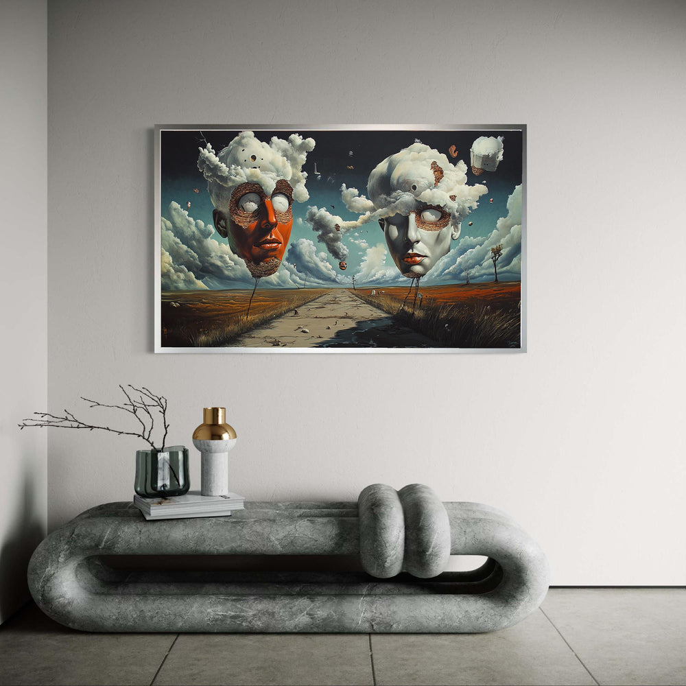 Surreal Floating Heads Print, Cloud Mind Canvas Art, Dreamlike Symbolic Landscape, Andre Breton Style, Desolate Road Unique Decor