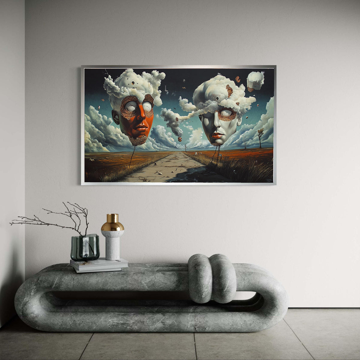 Surreal Floating Heads Print, Cloud Mind Canvas Art, Dreamlike Symbolic Landscape, Andre Breton Style, Desolate Road Unique Decor