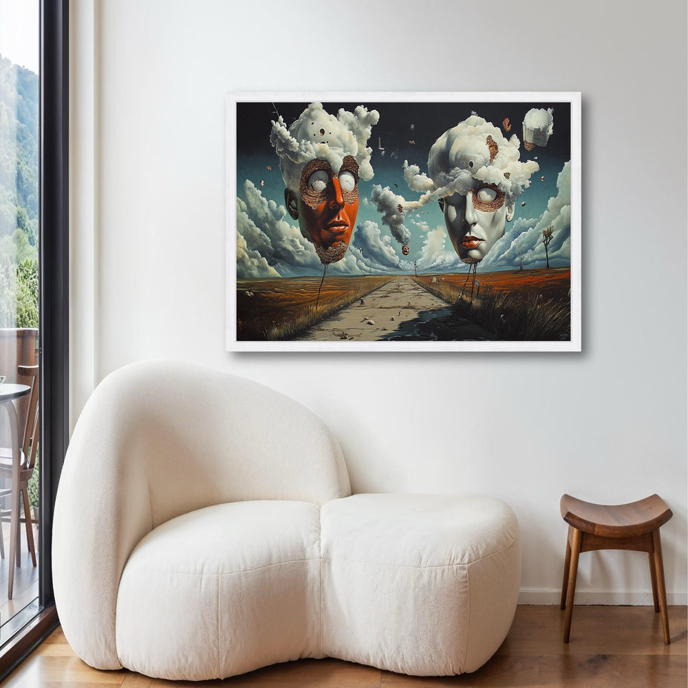 Surreal Floating Heads Print, Cloud Mind Canvas Art, Dreamlike Symbolic Landscape, Andre Breton Style, Desolate Road Unique Decor