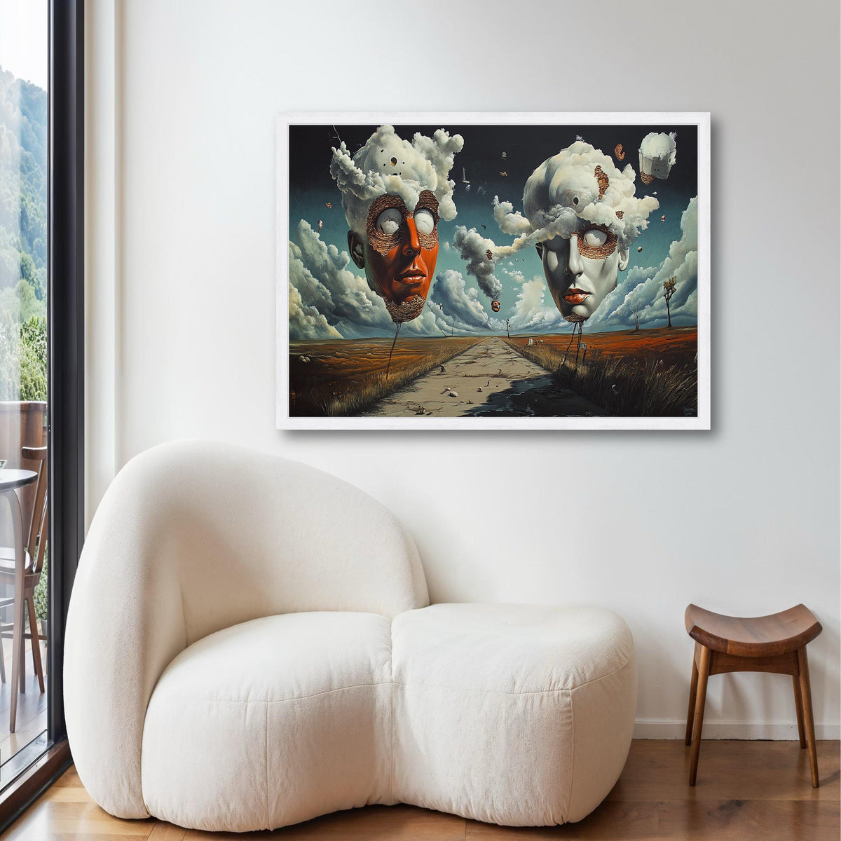 Surreal Floating Heads Print, Cloud Mind Canvas Art, Dreamlike Symbolic Landscape, Andre Breton Style, Desolate Road Unique Decor