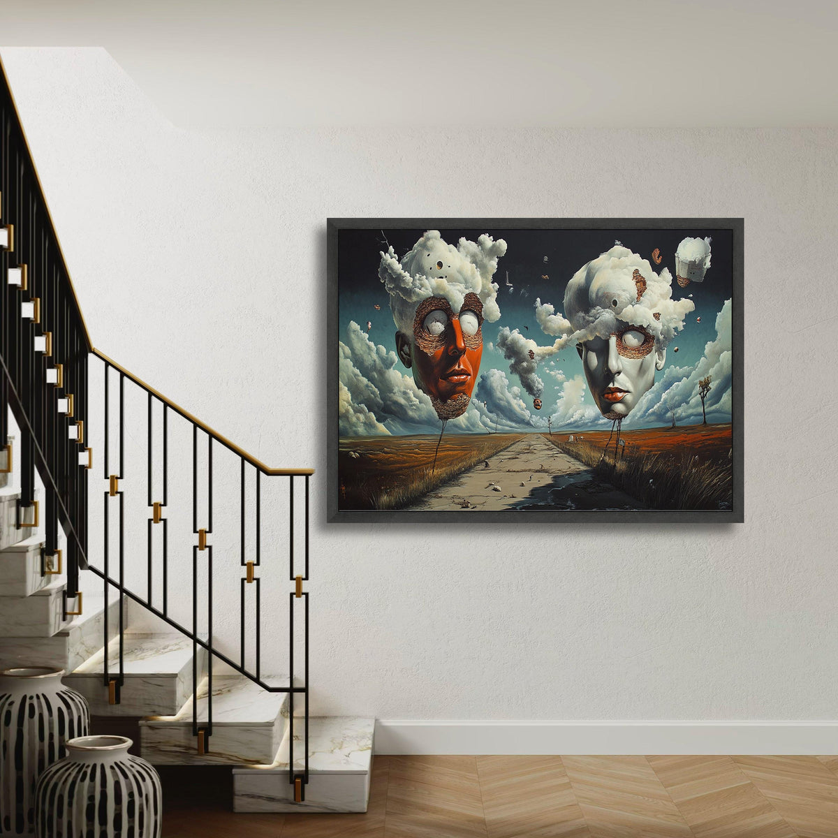 Surreal Floating Heads Print, Cloud Mind Canvas Art, Dreamlike Symbolic Landscape, Andre Breton Style, Desolate Road Unique Decor