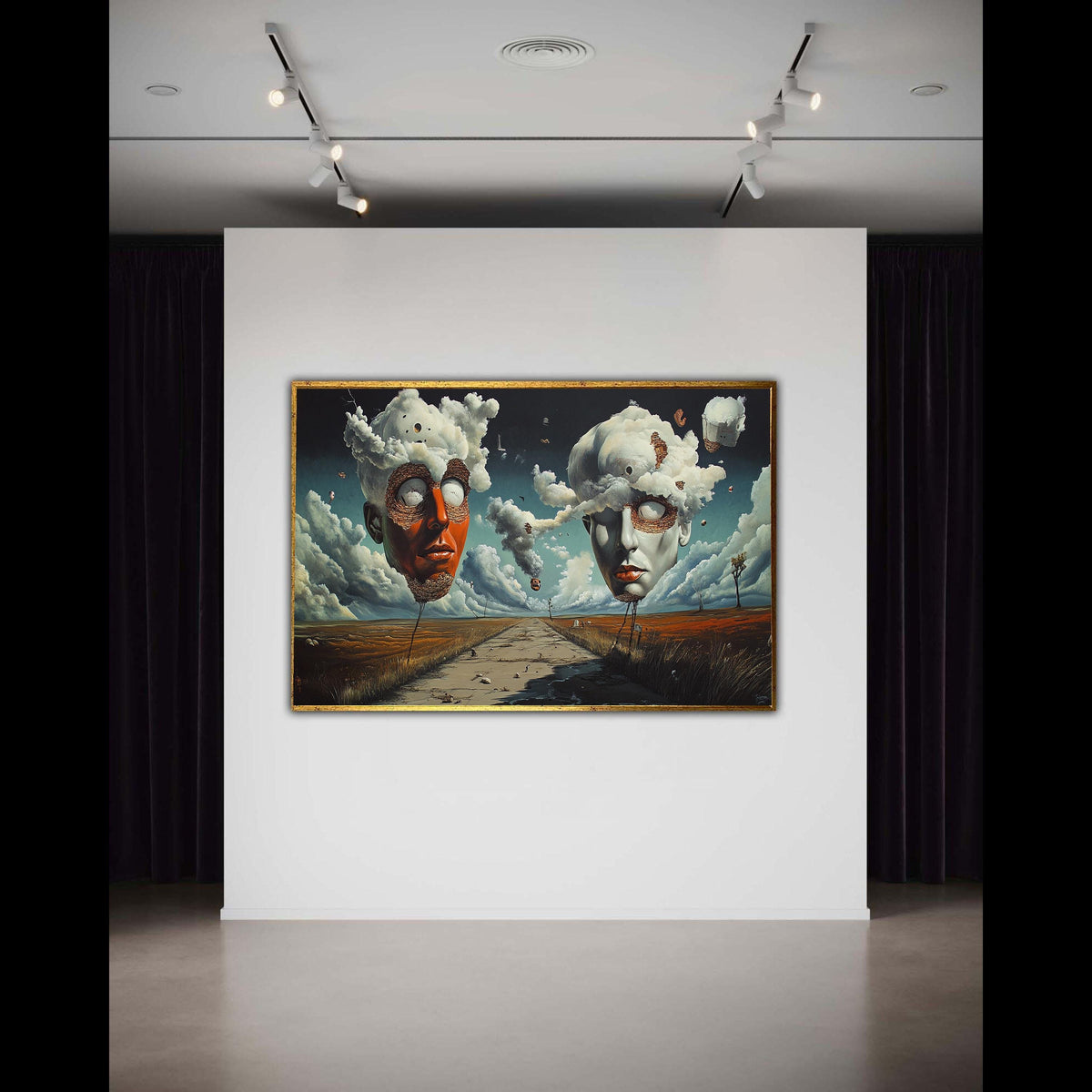 Surreal Floating Heads Print, Cloud Mind Canvas Art, Dreamlike Symbolic Landscape, Andre Breton Style, Desolate Road Unique Decor